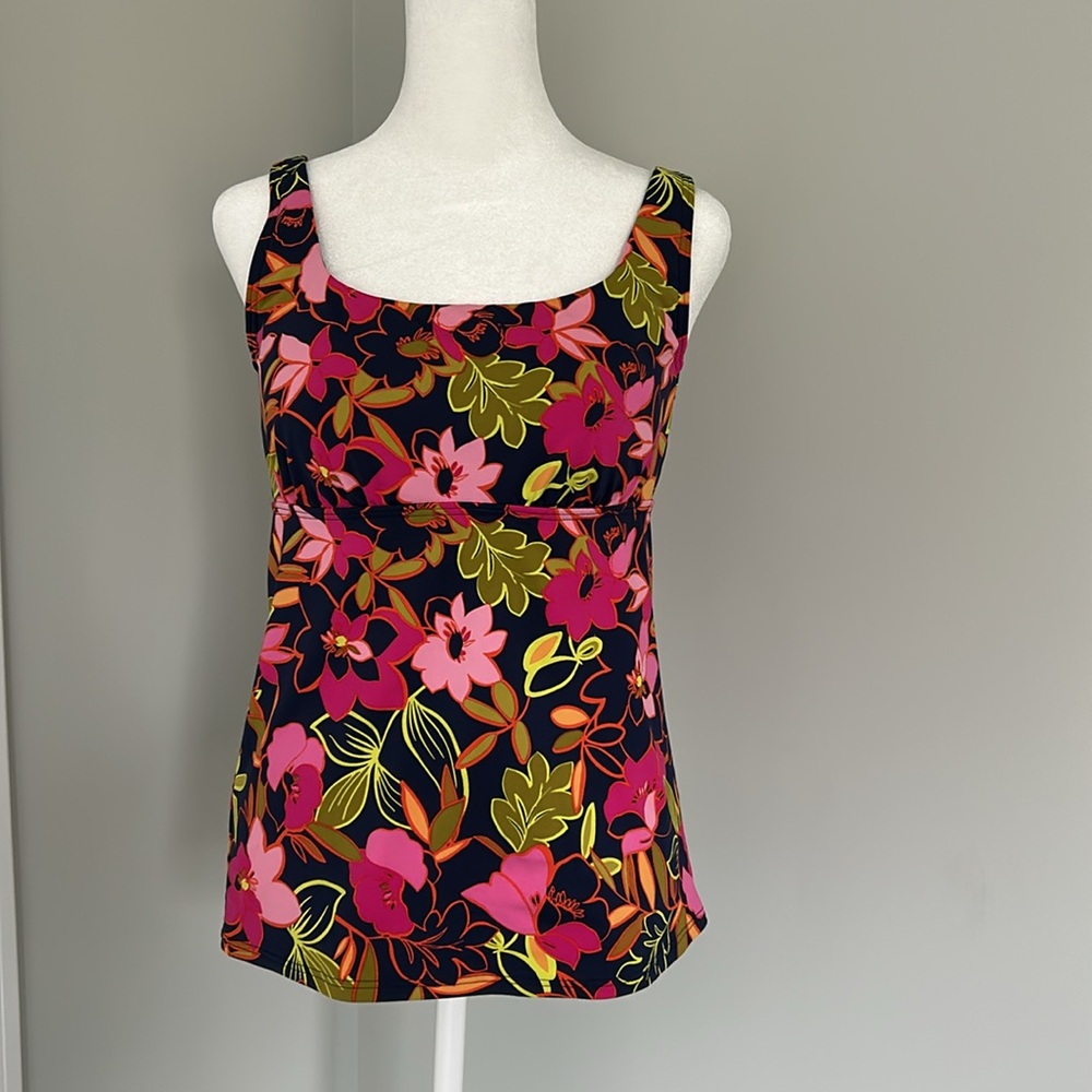 Lands’ End 6DD-Cup Square Neck Tankini Top Floral Navy Blue Pink and Green